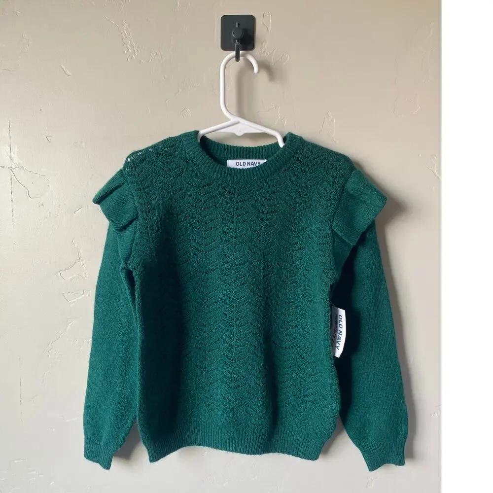 Old Navy Green Ruffle Sleeved Cotton Blend Christmas Sweater- Size 5t